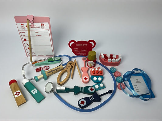 Wooden Doctor & Dentist Pretend Play Set – 20+ Pieces Medical Role Play Kit for Kids