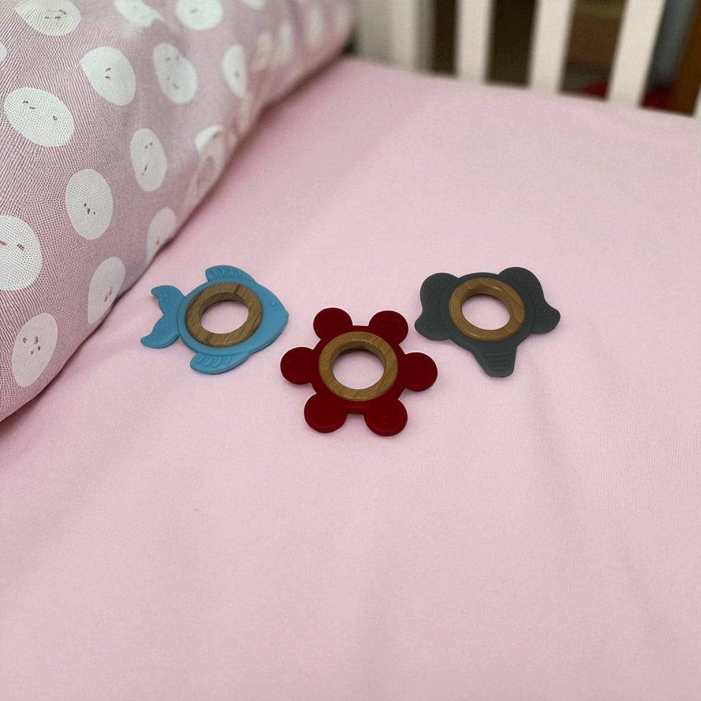 Set of 3 Wooden & Silicone Baby Teethers – Elephant, Fish & Flower