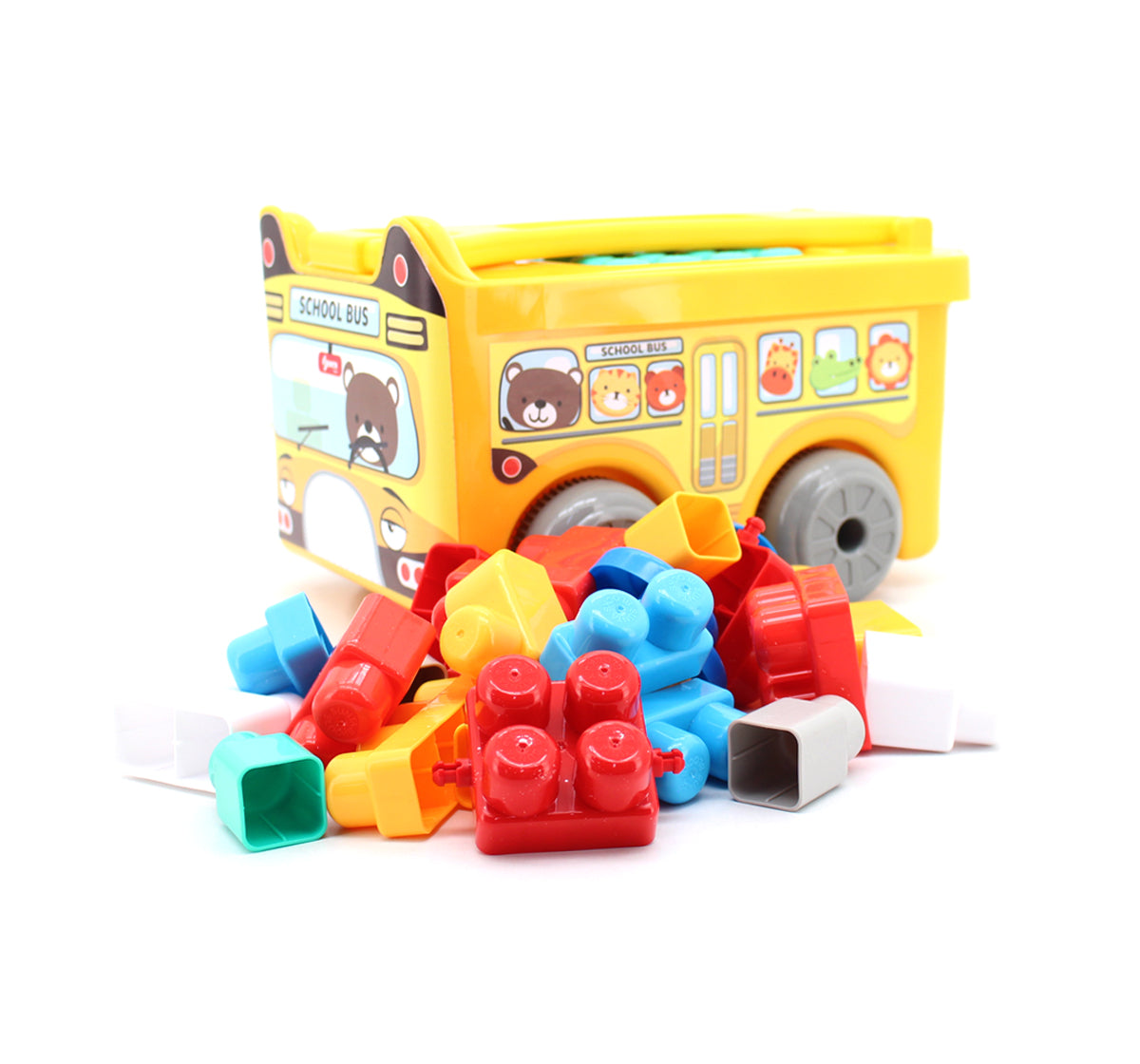 School Bus-Themed 2-in-1 Pull-Along Building Blocks Trolley Set – 30 Colorful Pieces (18M+)