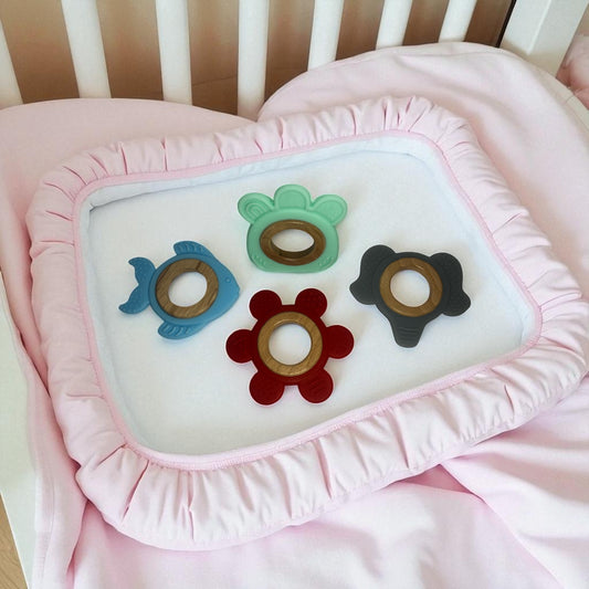 Set of 4 Wooden & Silicone Baby Teethers – Elephant, Fish, Green Ring & Red Flower