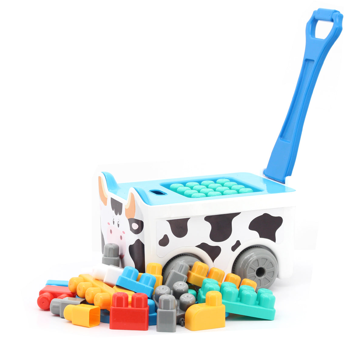 Cow-Themed Pull-Along Block Trolley Set – 30 Colorful Building Pieces | Build, Stack & Moo-ve On-the-Go (18M+)