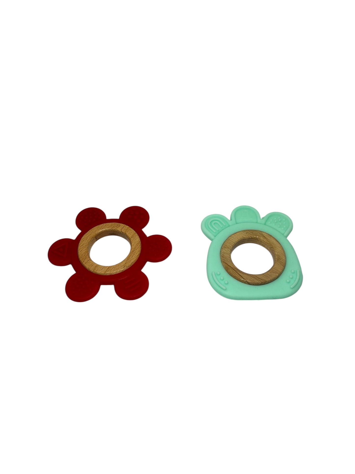 Set of 4 Wooden & Silicone Baby Teethers – Elephant, Fish, Green Ring & Red Flower