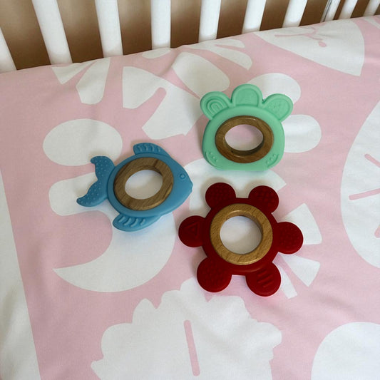 Set of 3 Wooden & Silicone Baby Teethers – Fish, Green Ring & Red Flower