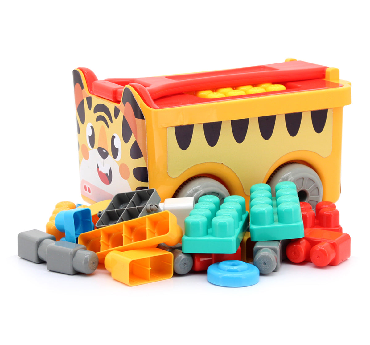🐯 Tiger-Themed 2-in-1 Pull-Along Building Blocks Trolley Set– 30 Colorful Pieces in Pull-Along Animal Vehicle (18M+)
