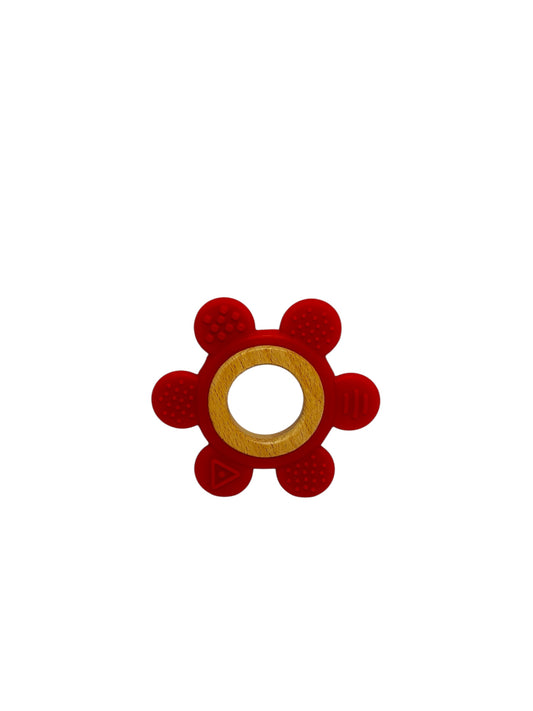 Red Flower Baby Teether – Wooden & Silicone | Safe & Eco-Friendly