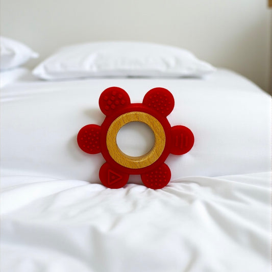 Red Flower Baby Teether – Wooden & Silicone | Safe & Eco-Friendly