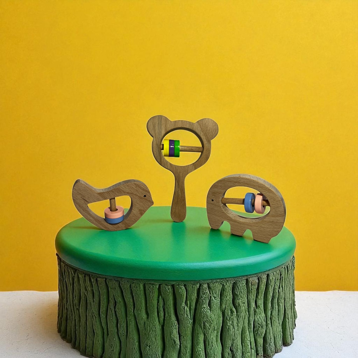 Wooden Baby Rattle & Teether Set – 3 Pieces (Bird, Bear & Elephant)