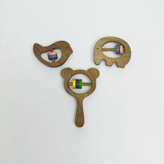 Wooden Baby Rattle & Teether Set – 3 Pieces (Bird, Bear & Elephant)