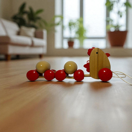 Wooden Pull-Along Hen with Rotating Eggs – Fun Learning Toy for Kids