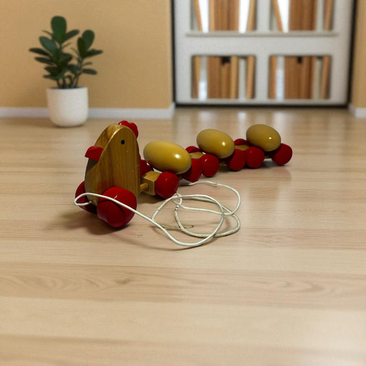 Wooden Pull-Along Hen with Rotating Eggs – Fun Learning Toy for Kids
