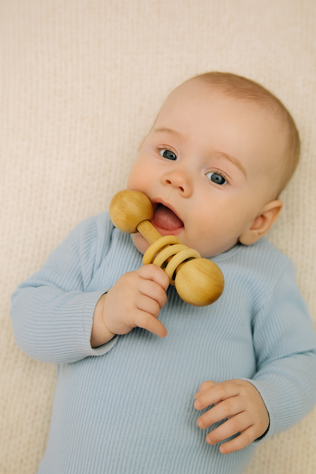 Wooden Baby Rattle with Rings – Natural Finish